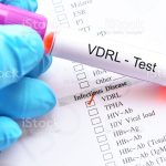 Blood sample tube with laboratory requisition form for VDRL test, diagnosis for syphilis infection